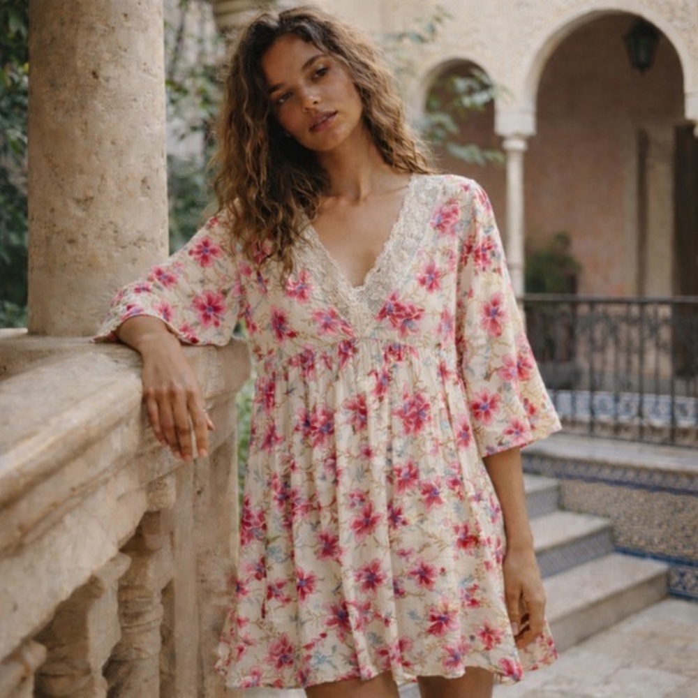Louise misha otti pink and cream floral mini dress